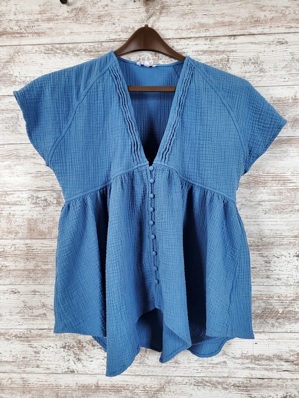 Blue Textured V-Neck Button Front Blouse